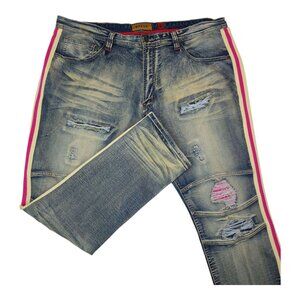 Mens Makobi Distressed Jeans With Red & Yellow Side Stripes Size 44X34 98% Cotto
